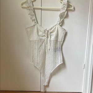 Urban Outfitters Cream Crochet Lace Bodysuit with Tie Front